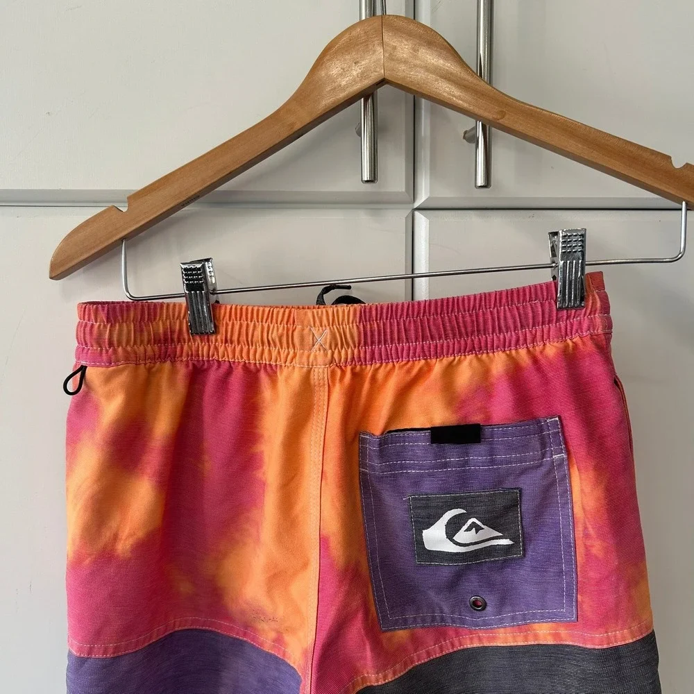 Quiksilver Boys Orange Pink Tie Dye Board Shorts Logo Swim Trunks Size L 14
